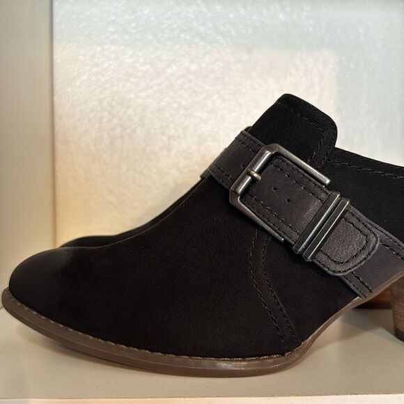 Vionic Black Suede Block Heel Mules Buckle Slip On Comfort Shoes Minimalist - Picture 6 of 14